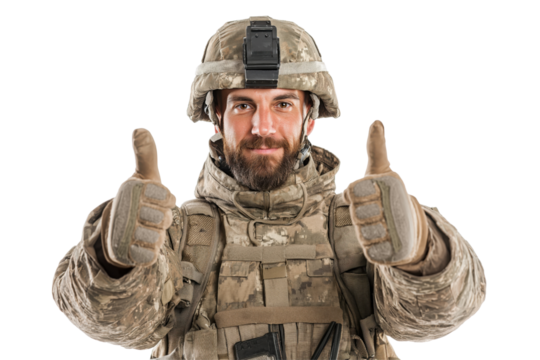 Soldier in camouflage uniform and helmet giving two thumbs up isolated on a transparent background military