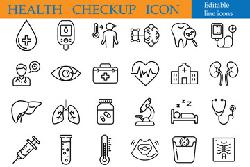 Collection of health checkup and medical icons, editable line icons