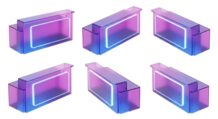 Isometric view of glowing translucent information desk showcasing various perspectives ideal for architectural or futuristic design concepts