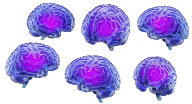 Anatomical renderings of human brains displayed in various perspectives highlighted with glowing activity against a clean white backdrop suited for medical or scientific illustrations