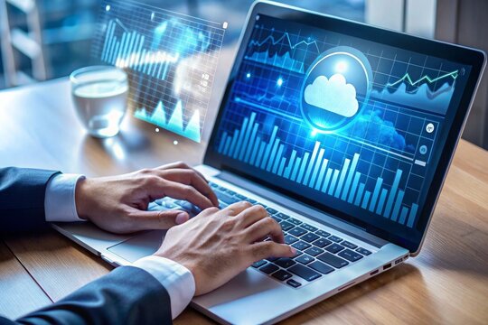 Business professional analyzing financial data and user profiles on a laptop