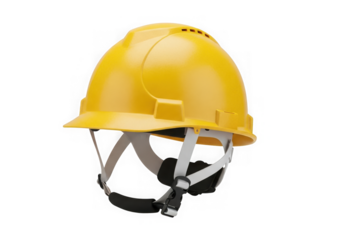 A yellow hard hat provides head protection, isolated on transparent background