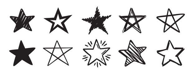 stars painted by hand doodle hand drawn icon set. Outline drawing stars painted by hand line clipart symbol collection