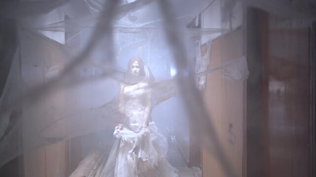 Bride woman with horrible scary Halloween zombie makeup looking ominous at camera covering spiderweb standing in corridor trying to scare. Dead lady