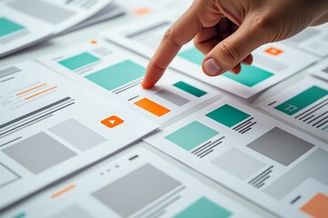 Finger pointing at a document with colorful charts and graphs during a presentation