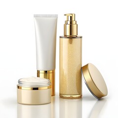 "Elegant set of gold and white cosmetic bottles and cream jar."