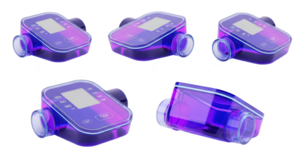 Five transparent medical inhaler devices set against white background illustrating medical technology and patient care