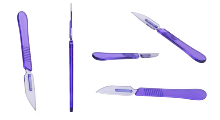 Surgical scalpel in various angles against a white backdrop showing details suitable for medical illustrations