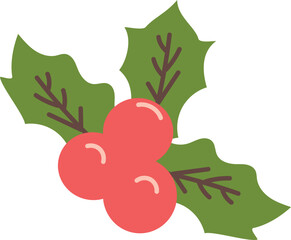 Flat holly leaf with red berries. Christmas vector illustration. Isolated and simple, ideal for use in cards, clipart, and seasonal compositions