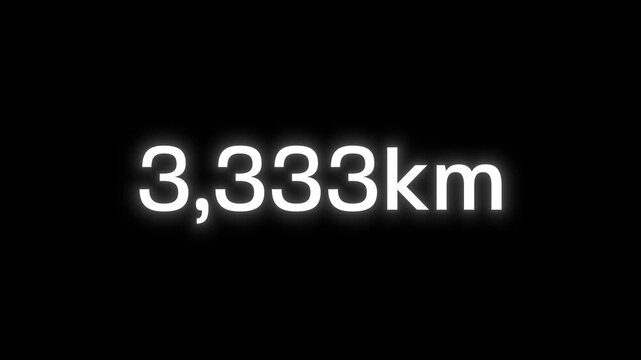 Number counter animation reaching 10,000 km on black background in 4K