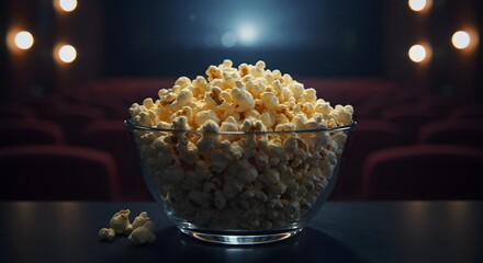 Bowl of popcorn in a movie theater setting