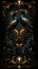 Ornate Art of Two Stylized peacocks with Golden Accents on Dark Background