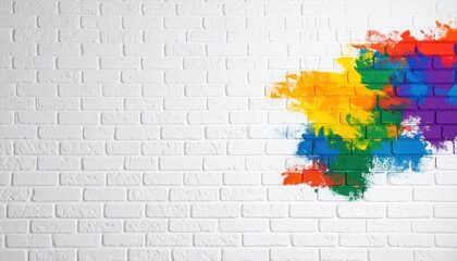 Colorful Rainbow Paint Splatters On White Brick Wall