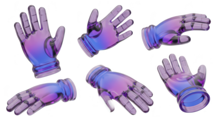 3D rendered transparent purple hands floating on a white background showcasing multiple angles for creative design or medical illustrations