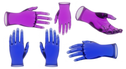Transparent colored hands in various poses on a white background ideal for illustrating concepts of art design healthcare or the future