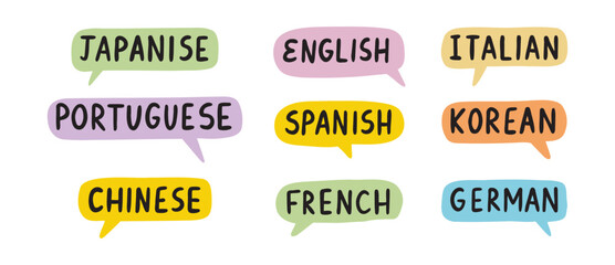 English, Chinese, German Learn new language. French, Italian, Spanish lettering doodle hand drawn text. Japanese, Portuguese, Korean speech bubble set.