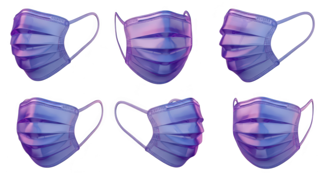 Several translucent medical masks arranged on a white background showing protection from germs for healthcare illustrating personal safety