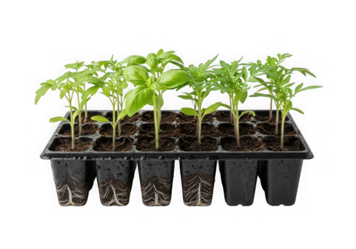 Seedlings of various plants grow in a black plastic tray isolated on transparent background