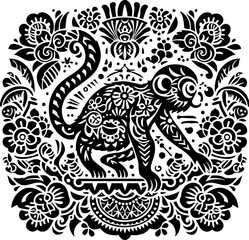 Mexican Style Monkey Vector Silhouette in Solid Black