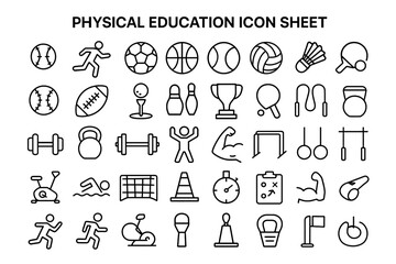 Physical Education Icons Set: A comprehensive collection of black and white physical education icons, representing various sports and activities.