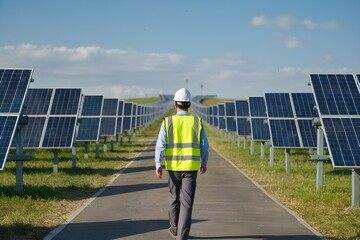employee walking at a solar power farm, wearing safety vest and helmet . solar panel installation