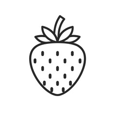 Stylized Black and White Line Art of a Single Strawberry with Leaves