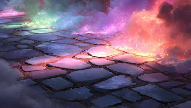 A cobblestone path bathed in ethereal light,  surrounded by swirling, colorful clouds and fire - Powered by Adobe