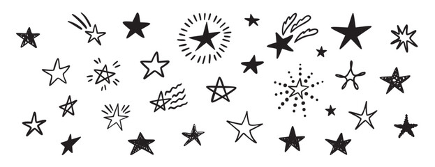Naklejka premium Funny stars doodle hand drawn icon set. Outline drawing stars line clipart symbol collection