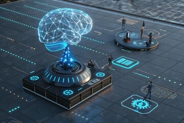Futuristic digital brain hologram on a circuit board with glowing blue lights