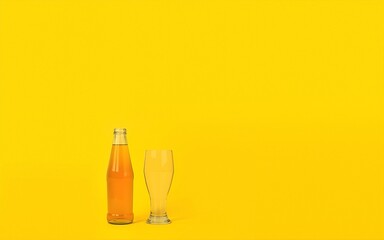 Bottle and glass of cold beverage on yellow background. Banner for International Beer Day. High quality