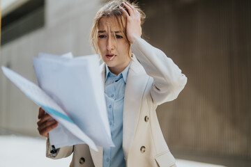 A professional-looking woman appears concerned as she reviews paperwork in an outdoor urban...
