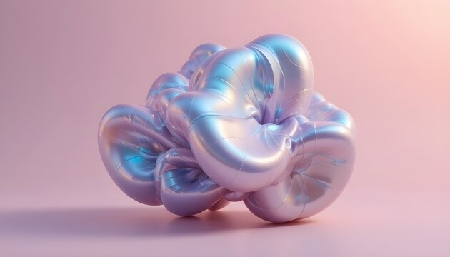 Abstract organic 3D blob with iridescent surface on pastel background
