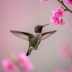 Close-up of a hummingbird hovering near beautiful pink flowers, wings blurred in motion.