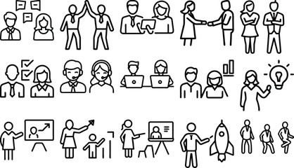 Vector art of collection of business and office icons depicting teamwork and success