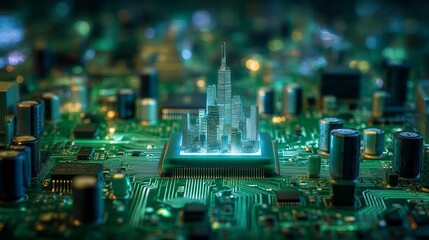 Obraz premium Futuristic Cityscape on Printed Circuit Board with Central CPU Chip