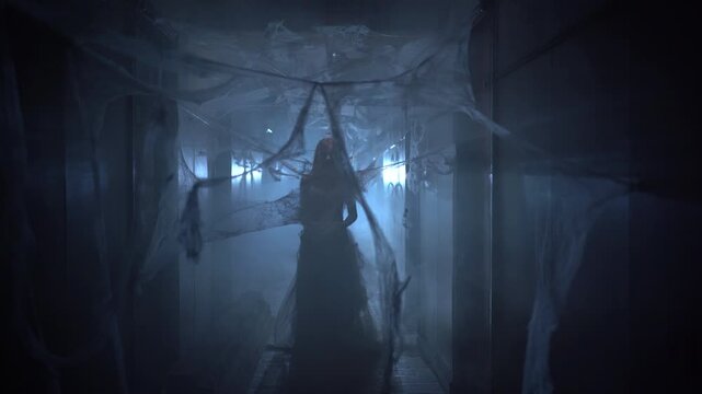 Woman with scary Halloween zombie makeup in convulsions making faces. Dead bride girl with wounded scars face in dark spiderweb corridor.