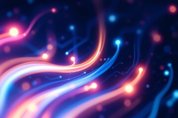 Abstract swirling neon light trails and bokeh particles in deep space