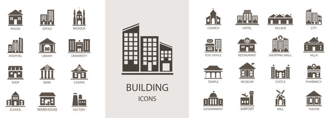 Set of building icons. Hotel, pharmacy, hospital, apartament, library, city, mall, collection. Simple vector illustration. Building icons.