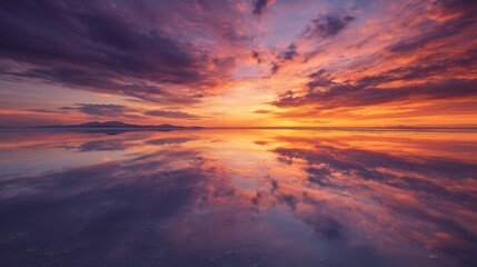 Fototapeta premium Mirror-like Salt Flat at Sunset with Reflective Sky and Clouds
