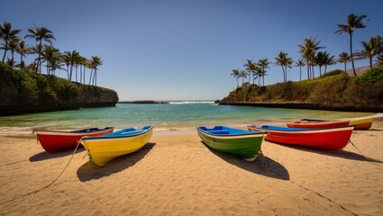 Naklejka premium Colorful rowboats resting on a sandy beach with palm trees and a calm ocean bay