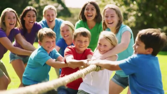 Group of people playing tug of war on a grass field during a sunny day outside