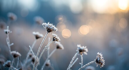 Frostcovered plants in soft morning light with bokeh background