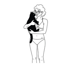 Minimal Line Art Woman in Swimsuit Holding Black Cat Vector Illustration