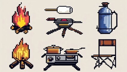 Pixel art camping equipment including fires grill stove water jug and chair