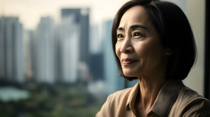 Smiling senior Asian businesswoman looking out office window, ideal for leadership, success, and global business concepts
