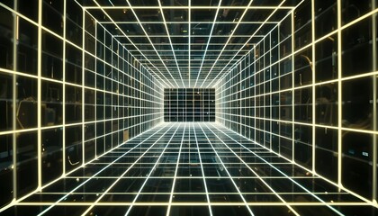 Holographic grid lines forming a tunnel perspective
