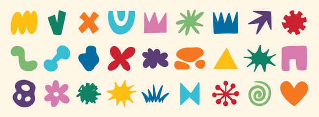 colorful organic doodle hand drawn colorful set. shapes and squiggles childish style. Abstract funny cute kids shapes elements. naive art