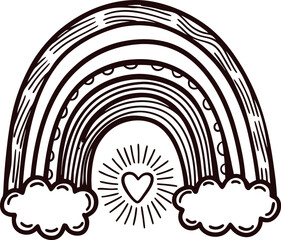 Hand drawn doodle rainbow with heart and clouds illustration in vintage sketch