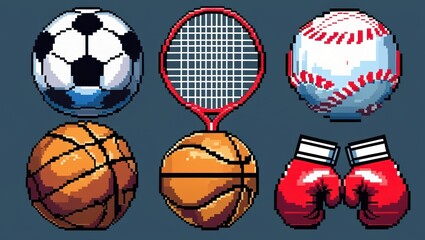 Pixel art collection of sports equipment including soccer ball basketball tennis racket baseball and boxing gloves