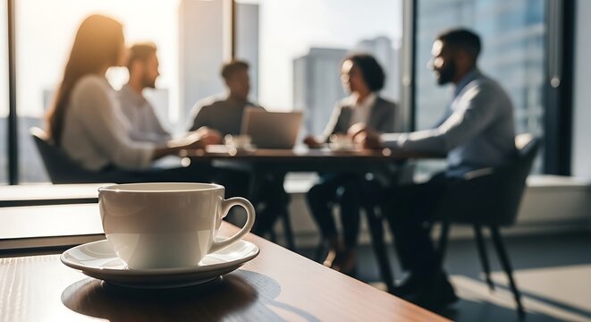 Business Meeting in Modern Office with Large Windows Bright Natural Light Professional Team